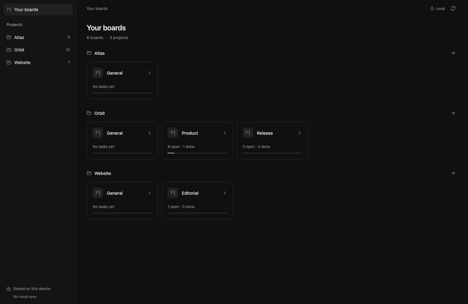 The actual Your boards overview groups six boards under Atlas, Orbit, and Website. Orbit has General, Product, and Release boards.